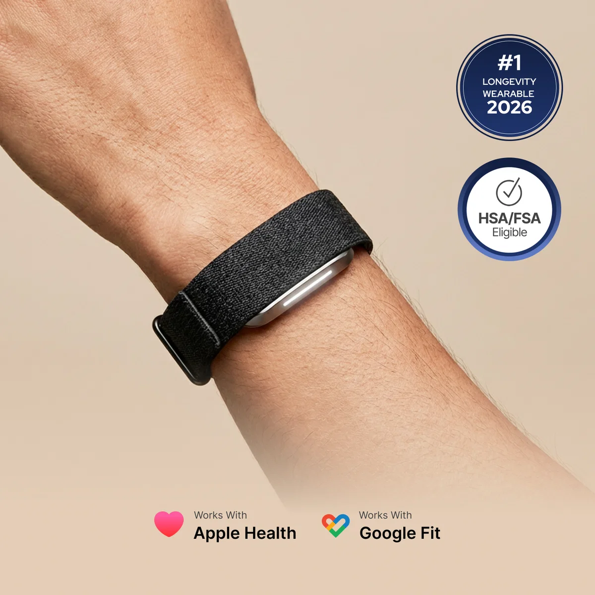 Hume Band 2.0 worn on a wrist, with #1 Longevity Wearable 2026 and HSA/FSA Eligible badges, and Apple Health and Google Fit compatibility